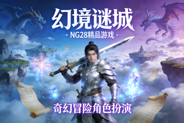 NG28精品游戏《幻境谜城》宣传海报 - 展示奇幻森林与古代城堡的冒险世界