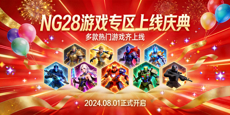 NG28游戏专区上线庆典宣传横幅 - 展示多款游戏图标与庆祝元素