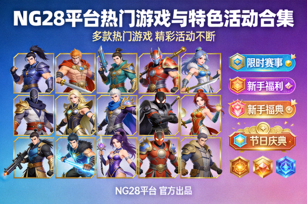 NG28平台热门游戏与特色活动合集海报 - 多款游戏角色与活动标识同屏展示