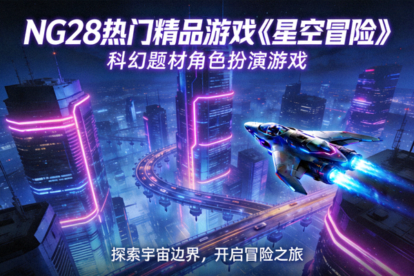 NG28热门精品游戏《星空冒险》宣传图 - 科幻题材角色扮演游戏，展示未来都市与飞船场景