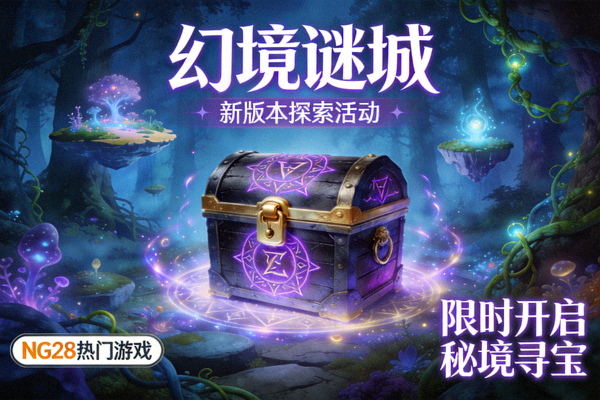 NG28热门游戏《幻境谜城》新版本探索活动海报 - 奇幻场景与神秘宝箱