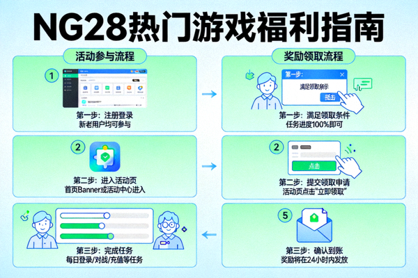 NG28热门游戏福利指南信息图 - 分步骤展示活动参与与奖励领取流程