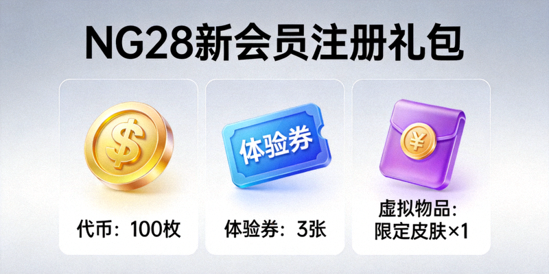 NG28新会员注册礼包内容展示图 - 包含代币、体验券和虚拟物品