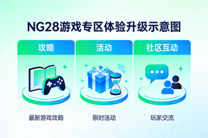 NG28游戏专区体验升级示意图 - 展示攻略、活动与社区互动图标