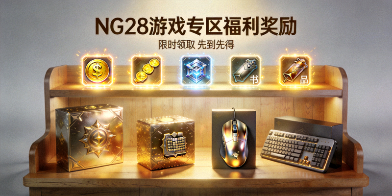 NG28游戏专区福利奖励展示图 - 游戏道具图标与实物奖品如鼠标、键盘陈列在展示架上