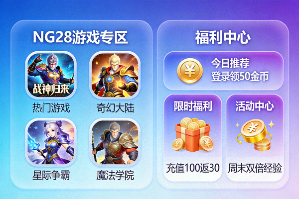 NG28游戏专区核心功能界面展示图 - 展示热门游戏入口与福利中心布局