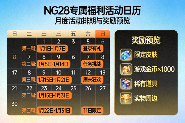 NG28专属福利活动日历与奖励预览图 - 展示月度活动排期与丰富奖品