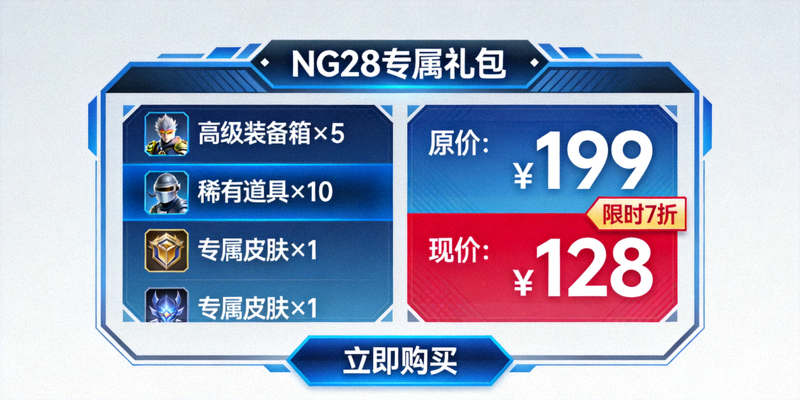 NG28专属游戏礼包购买界面截图 - 清晰展示礼包内容、原价与折扣价对比