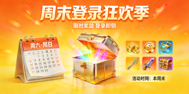 周末登录狂欢季活动宣传图 - 展示日历、礼盒和游戏道具图标